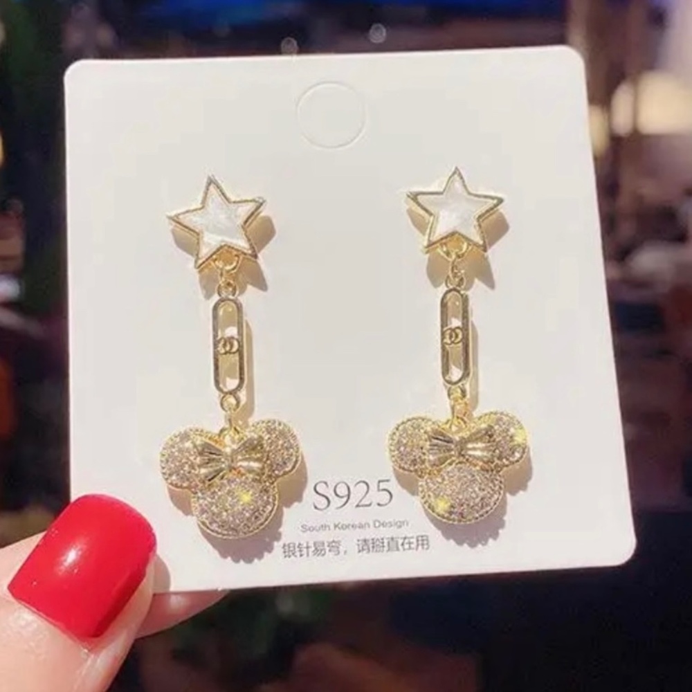 Charming Gold Plated Minnie Mouse Dangle Earrings with White Star-Shaped Design